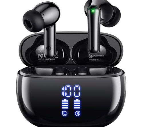 HUIFU Wireless Earbuds Bluetooth Headphones, Ear Buds with Deep Bass, 40H Long Playtime, LED Power Display, IP7 in Ear Earphone with Mic for iPhone Android Phone Sports Workout, Black