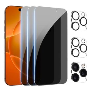 PEHAEL [3+3Pack] for iPhone 16 Pro Max Privacy Screen Protector with Camera Lens Protector Full Coverage Anti-Spy Tempered Glass Film 9H Hardness Upgrade Edge Protection Easy Installation Bubble Free [6.9 inch]