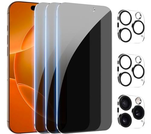 PEHAEL [3+3Pack] for iPhone 16 Pro Max Privacy Screen Protector with Camera Lens Protector Full Coverage Anti-Spy Tempered Glass Film 9H Hardness Upgrade Edge Protection Easy Installation Bubble Free [6.9 inch]