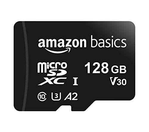 Amazon Basics Micro SDXC Memory Card with Full Size Adapter, A2, U3, Read Speed up to 100 MB/s, 128 GB, Black