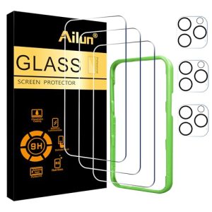 Ailun 3 Pack Screen Protector for iPhone 16 Pro [6.3 inch] + 3 Pack Camera Lens Protector with Installation Frame,Case Friendly Tempered Glass Film,[9H Hardness] - HD