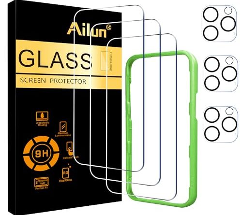 Ailun 3 Pack Screen Protector for iPhone 16 Pro [6.3 inch] + 3 Pack Camera Lens Protector with Installation Frame,Case Friendly Tempered Glass Film,[9H Hardness] - HD