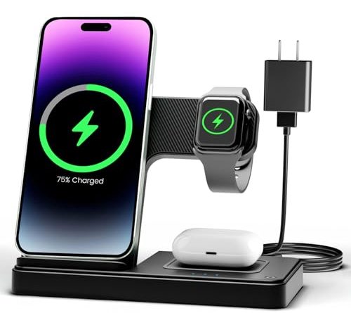 Wireless Charger iPhone Charging Station: 3 in 1 Charger Stand Multiple Devices for Apple - iPhone 16e 16 15 14 Pro Max 13 12 11 - Watch 10 9 8 7 6 5 4 3 2 SE and Ultra Series - Airpods 4 3 2 Pro