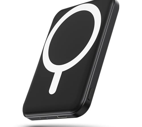 podoru for Magsafe Battery Pack, 5000mAh Magnetic Power Bank with Type-C Cable 20W PD Fast Charging Lighting Input Wireless Portable Charger for iPhone 16/15/14/13/12/ All Series-Black