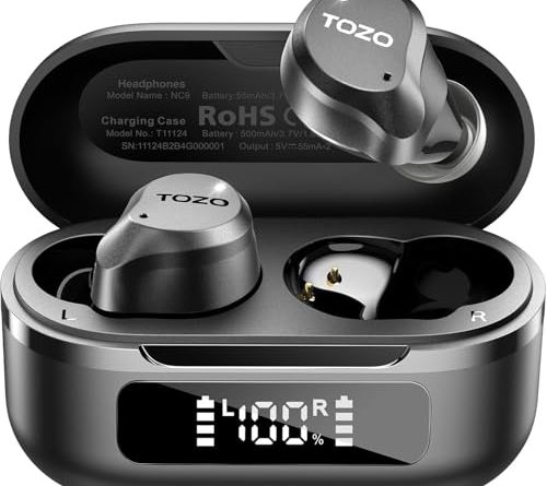 TOZO Hybrid Active Noise Cancelling Wireless Earbuds, 6 Mics ENC Clear Call, IPX8 Waterproof, in Ear Bluetooth 5.3 Headphones Stereo Bass Ear Buds 59H Playtime with LED Display 32 EQs via APP
