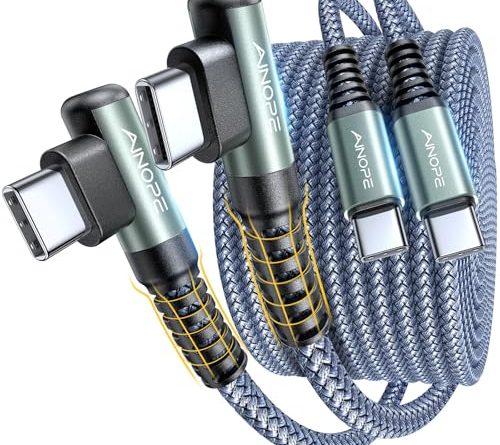 AINOPE USB C Cable to USB C 60W 2Pack 6.6ft Nylon Braided Type C Charger Fast Charging Right Angle USBC to USBC Cable Charger Cord for Switch 2 iPhone 16 Pro Max Accessories Samsung S25 Ultra iPad Pro