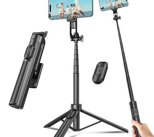 Selfie Stick Travel Tripod for Cell Phone with Remote Control and Phone Holder, Extendable Selfie Stick for iPhone, iPhone Tripod for Video Recording, 50 Inch, Black