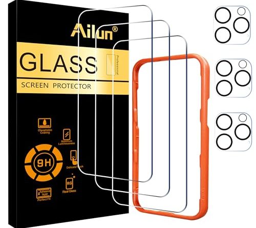 Ailun 3 Pack Screen Protector for iPhone 16 Pro Max [6.9 inch] + 3 Pack Camera Lens Protector with Installation Frame,Sensor Protection,Dynamic Island Compatible,Case Friendly Tempered Glass Film