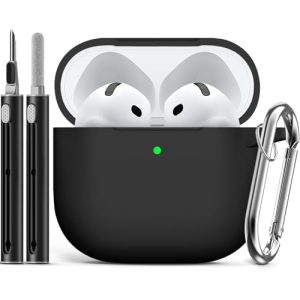 Ljusmicker for AirPods 4 Case Cover 2024 with Cleaner Kit,Soft Silicone Protective Case for Apple AirPods 4th Generation Case for Women Men,AirPod 4 Case Accessories with Keychain-Black