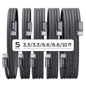 LISEN USB C Cable, 5-Pack [3.3/3.3/6.6/6.6/10FT] USBC to USBC Cable for iPhone 16e 15 Pro Max Charger Cord, 60W (3.1A) C to C Cable Fast Charging for Samsung S25/S24/23, Switch 2, iPad, MacBook