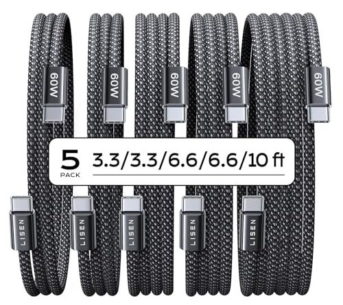 LISEN USB C Cable, 5-Pack [3.3/3.3/6.6/6.6/10FT] USBC to USBC Cable for iPhone 16e 15 Pro Max Charger Cord, 60W (3.1A) C to C Cable Fast Charging for Samsung S25/S24/23, Switch 2, iPad, MacBook