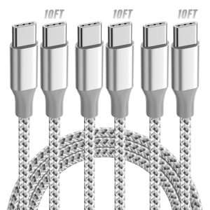 KYEHD USB C Cable，3 Pack 10FT 60W Fast Charging USB C to USB C Cable, Durable Type C Charger Cable for iPhone 16/15/iPad MacBook CarPlay and More-Grey White