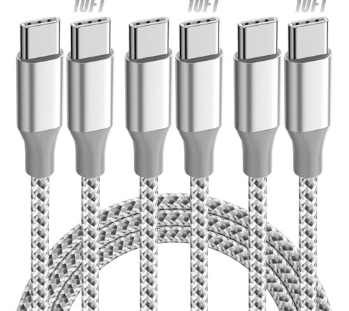 KYEHD USB C Cable，3 Pack 10FT 60W Fast Charging USB C to USB C Cable, Durable Type C Charger Cable for iPhone 16/15/iPad MacBook CarPlay and More-Grey White