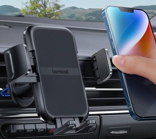 Lamicall 2025 Wider Clamp & Metal Hook Car Phone Holder Vent [Thick Cases Friendly] Phone Holders for Your Car Mount Automobile Hands Free Cradle Air Vent for iPhone 16 15 14 13 Pro Max Smartphone
