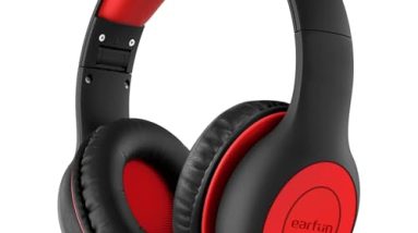 EarFun Kids Headphones Wired with Microphone, 85/94dB Volume Limit Headphones for Kids, Portable Wired Headphone with Shareport, Stereo Sound Foldable Headset for School/Tablet/iPad/Kindle, Black Red