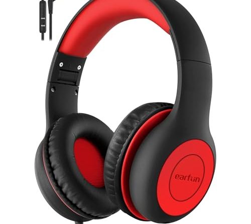 EarFun Kids Headphones Wired with Microphone, 85/94dB Volume Limit Headphones for Kids, Portable Wired Headphone with Shareport, Stereo Sound Foldable Headset for School/Tablet/iPad/Kindle, Black Red