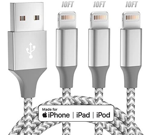 iPhone Charger 3pack 10FT Apple MFi Certified Long Lightning Cable Fast Charging High Speed Data Sync USB Cable Compatible iPhone 14 13/12/11 Pro Max/XS MAX/XR/XS/X/8/7/Plus/6S (Grey White)
