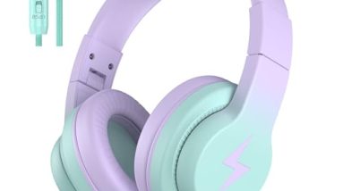 Candy Bila Kids Headphones, Wired Headphones for Kids Over Ear with Microphone, 85/94dB Volume Limiter Headphone for Girls Boys, Foldable Headphone for Learning & Entertainment,Gradient Purple