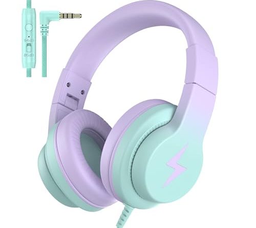 Candy Bila Kids Headphones, Wired Headphones for Kids Over Ear with Microphone, 85/94dB Volume Limiter Headphone for Girls Boys, Foldable Headphone for Learning & Entertainment,Gradient Purple