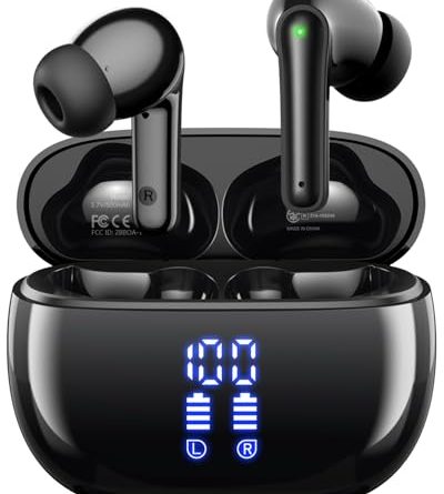 HUIFU Wireless Earbuds, Bluetooth Ear Buds Headphones, 40H Long Playtime, Stereo Deep Bass, LED Power Display, IPX7, Lightweight in Ear Earphone with Mic for iPhone Android Phone