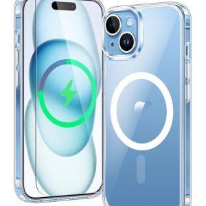 FNTCASE for iPhone 15 Case: for iPhone 14 | iPhone 13 Case Support Magnetic Charging Military Grade Drop Protection Anti Yellowing | Rugged Shockproof Phone Cover - 6.1 inch (Clear)