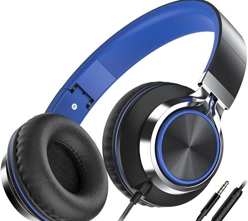 AILIHEN C8 Headphones Wired, On-Ear Kids Headphones with Microphone and Volume Control Foldable Corded Stereo 3.5mm Headset for School Teens Smartphones Chromebook Laptop Tablets Travel (Black Blue)