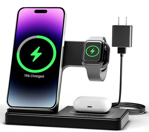 Wireless Charger iPhone Charging Station: 3 in 1 Charger Stand Multiple Devices for Apple - iPhone 16e 16 15 14 Pro Max 13 12 11 - Watch 10 9 8 7 6 5 4 3 2 SE and Ultra Series - Airpods 4 3 2 Pro