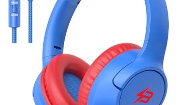 Kids Headphones for School, 85/94 dB Volume Limit, Wired Over Ear Headphones for Kids Boys Girls with Microphone, Foldable Stereo Sound 3.5mm Wired Cord for Kindle Tablet Airplane Travel, Blue
