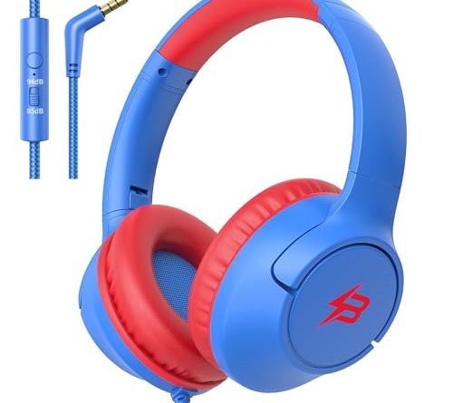 Kids Headphones for School, 85/94 dB Volume Limit, Wired Over Ear Headphones for Kids Boys Girls with Microphone, Foldable Stereo Sound 3.5mm Wired Cord for Kindle Tablet Airplane Travel, Blue