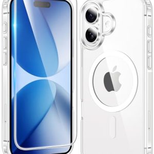 FNTCASE for iPhone 17 Case Clear: Magnetic Transparent Phone Cases with Screen Protector Slim Anti Yellowing Military Grade Drop Protection Rugged Shockproof Protective Cell Phone Cover (A-Clear)