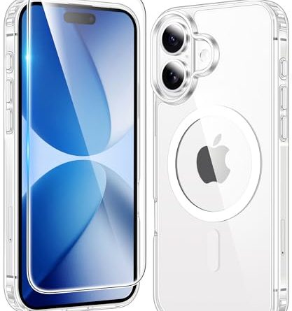 FNTCASE for iPhone 17 Case Clear: Magnetic Transparent Phone Cases with Screen Protector Slim Anti Yellowing Military Grade Drop Protection Rugged Shockproof Protective Cell Phone Cover (A-Clear)