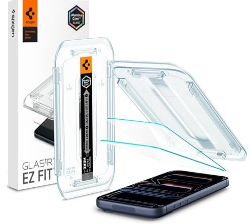 Spigen AluminaCore Tempered Glass Screen Protector [Glas.tR EZ Fit] designed for iPhone 17 Pro | iPhone 17 | iPhone 16 Pro [2 Pack] 9H+ Hardness, Aluminum-Enhanced Durability