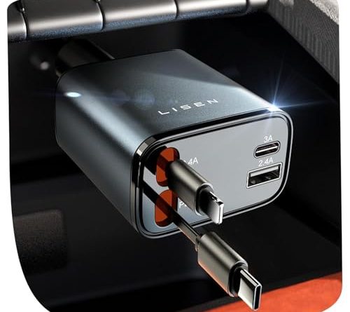 LISEN Retractable Car Charger, 69W Cars Adapter USB C Fast Charger, Car Accessories for Women Men, Christmas for Gifts for Dad Mom, Gifts for Men Women, for iPhone 17 Pro Max Air 16 15 14 13 Plus