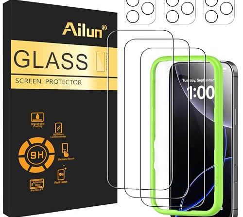 Ailun 3 Pack Screen Protector for iPhone 16 Pro [6.3 inch] + 3 Pack Camera Lens Protector with Installation Frame,Case Friendly Tempered Glass Film,[9H Hardness] - HD