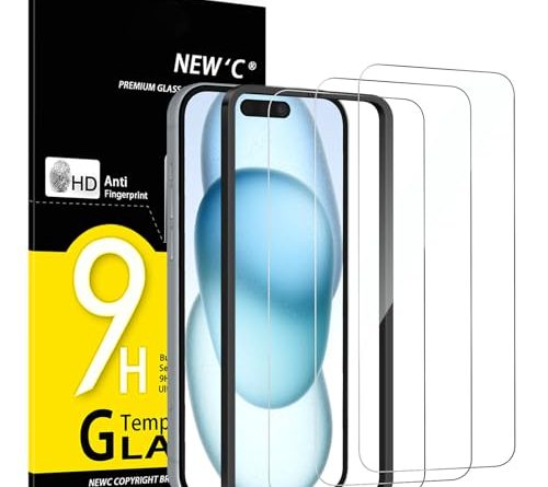 NEW'C 3 Pack Designed for iPhone 16, iPhone 15 Screen Protector (6.1 inches),Enhanced Tempered Glass Protection with easy installation tool included,Ultra Resistant