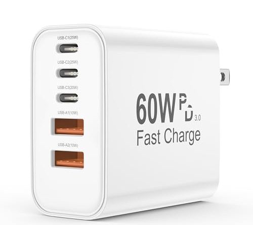 USB C Charger Block, 5 in 1 Single 25W Max iPhone Charger, PD 3.0 60W Charging Blocks, QC 2A USB Wall Charger for iPhone 17 16 15 14 13 12 Pro Max, iPad, iPod, Samsung, AirPods Pro, Apple Watch Series