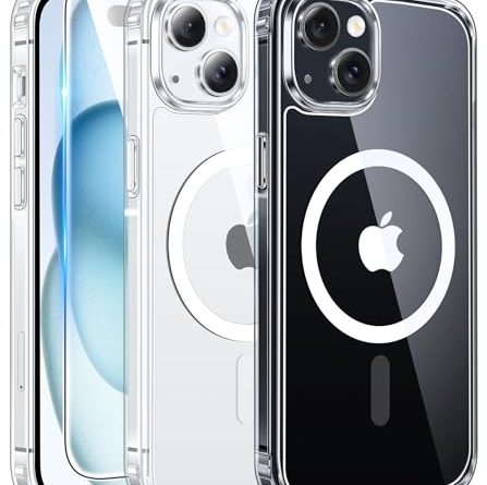 FNTCASE for iPhone 15 Case Clear: iPhone 14/13 Case Magnetic Phone Cases with Screen Protector Compatible with Magsafe Slim Anti Yellowing Rugged Protective Transparent Cell Cover (A-Clear)