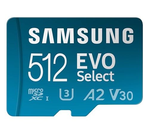 Samsung EVO Select microSDMemory Card + Adapter, 512GB microSDXC, Up-to 160 MB/s, 4K UHD, UHS-I, C10, U3, V30, A2, for Mobile Phone, Smartphones, Nintendo-Switch, and Tablets (MB-ME512SA/AM)