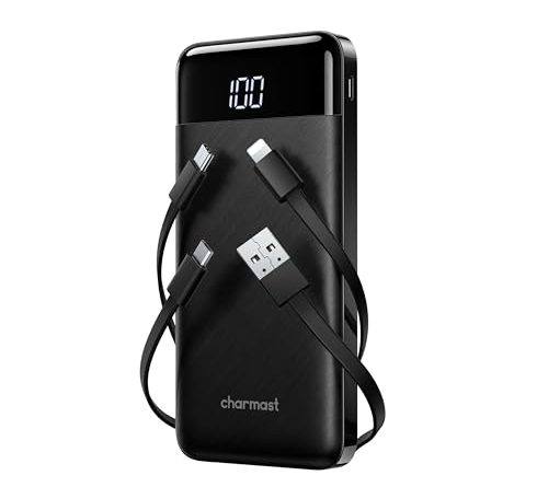 charmast Portable Charger with Built in Cables, Power Bank with Cords Wires, Slim 10000mAh Travel Battery Pack 6 Outputs 3 Inputs 3A Fast Charging for Samsung Google Pixel LG Moto iPhone iPad