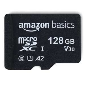Amazon Basics Micro SDXC Memory Card with Full Size Adapter, A2, U3, Read Speed up to 100 MB/s, 128 GB, Black