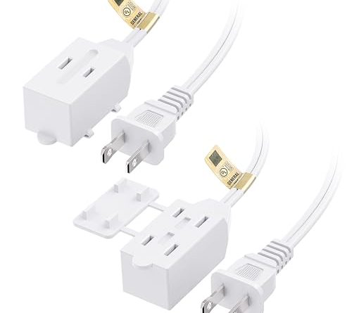 [UL Listed] Cable Matters 2-Pack 16 AWG 2 Prong Extension Cord 6 ft, 13A 3-Outlet Extension Cords with Tamper Guard, 13 Amp, 1625 Watts, White