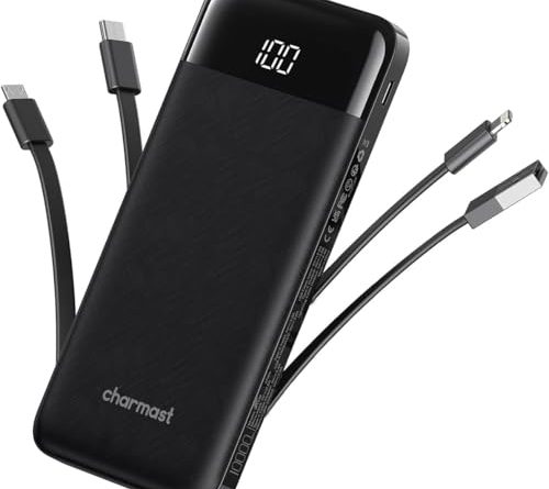 charmast Portable Charger with Built in Cables, Power Bank with Cords Wires, Slim 10000mAh Travel Battery Pack 6 Outputs 3 Inputs 3A Fast Charging for Samsung Google Pixel LG Moto iPhone iPad