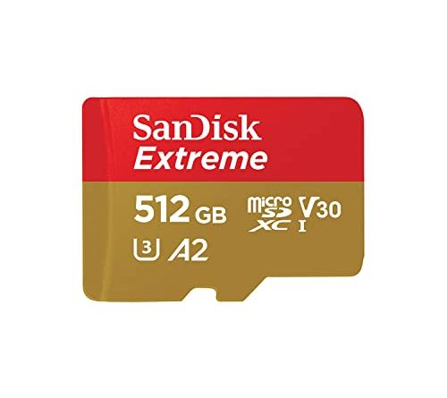 SanDisk 512GB Extreme microSDXC UHS-I Memory Card with Adapter - Up to 190MB/s, C10, U3, V30, 4K, 5K, A2, Micro SD Card - SDSQXAV-512G-GN6MA