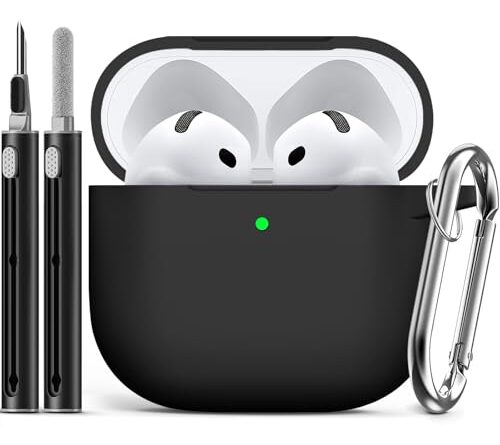 Ljusmicker for AirPods 4 Case 2024 with Cleaner Kit,Soft Silicone Protective Cover for Apple AirPods 4th Generation Cases for Women Men,AirPod 4 Case Accessories with Keychain-Black