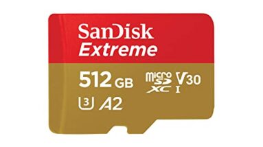 SanDisk 512GB Extreme microSDXC UHS-I Memory Card with Adapter - Up to 190MB/s, C10, U3, V30, 4K, 5K, A2, Micro SD Card - SDSQXAV-512G-GN6MA