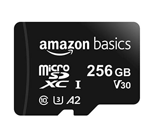 Amazon Basics Micro SDXC Memory Card with Full Size Adapter, A2, U3, Read Speed up to 100 MB/s, 256 GB, Black