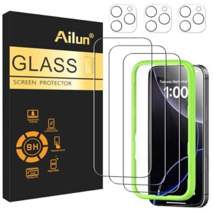 Ailun 3 Pack Screen Protector for iPhone 16 Pro [6.3 inch] + 3 Pack Camera Lens Protector with Installation Frame,Case Friendly Tempered Glass Film,[9H Hardness][Not for iPhone 16e/16/16 Plus/Pro Max]
