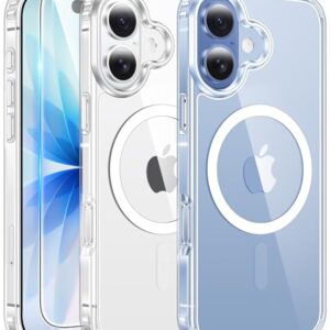 FNTCASE for iPhone 17 Case Clear: Magnetic Phone Cases with Screen Protector Drop Proof Compatible with Magsafe Slim Anti Yellowing Rugged Shockproof Protective Transparent Cell Cover (A-Clear)