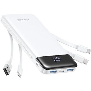 Charmast Portable Charger with Built in Cables, Power Bank with Cords Wires, Slim 10000mAh Travel Battery Pack 6 Outputs 3 Inputs 3A Fast Charging for Samsung Google Pixel LG Moto iPhone iPad