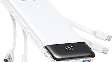 Charmast Portable Charger with Built in Cables, Power Bank with Cords Wires, Slim 10000mAh Travel Battery Pack 6 Outputs 3 Inputs 3A Fast Charging for Samsung Google Pixel LG Moto iPhone iPad